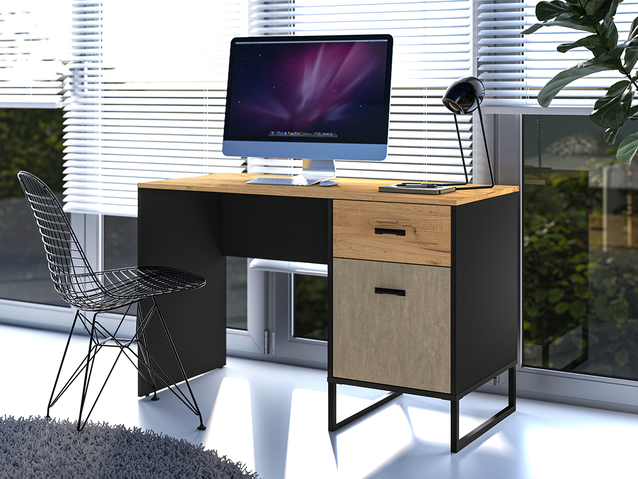 Biurka-1 Białe Biurko LINATE Meble Wójcik 125 x 62 x 73 cm biały połysk dąb