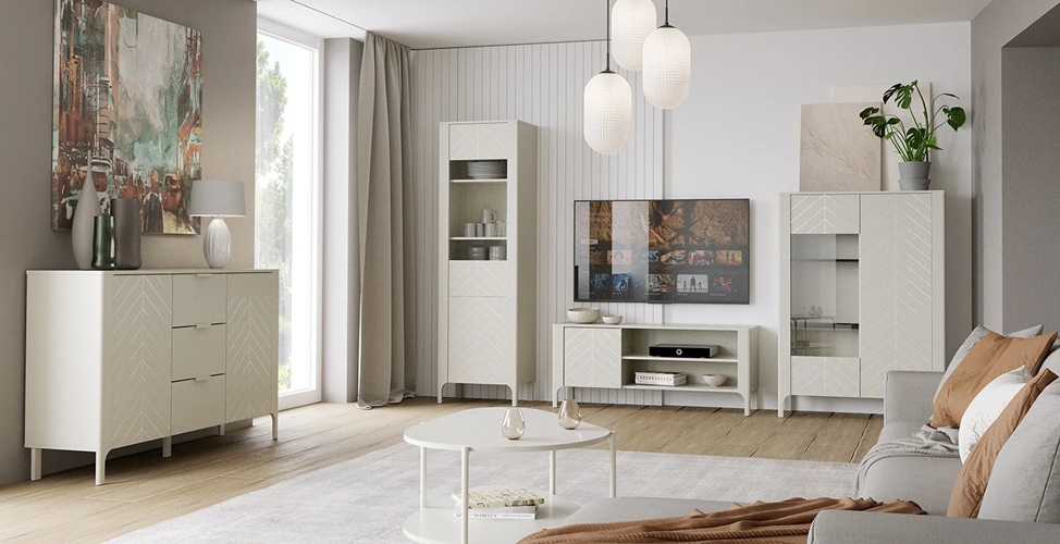 Meble Malumi kaszmir kolekcja JArstol LunaHome Twój sklep meblowy Eleganckie meble Malumi kolor kaszmir matowe fronty złote uchwyty witryna komoda Luna Home