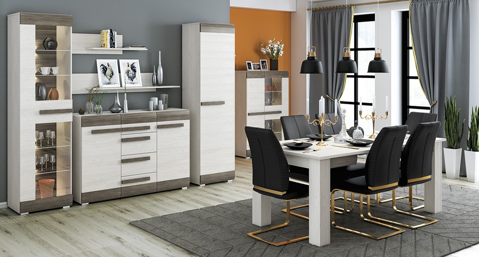 Meble blanco kolekcja ML meble Jasny salon z meblami Blanco od ML Meble w sklepie Lunahome. Nowoczesna aranżacja pokoju w stylistyce skandynawskiej, łącząca kolory Sosna Śnieżna oraz New Grey (Bodega Szara) z unikalnymi, drewnianymi uchwytami.