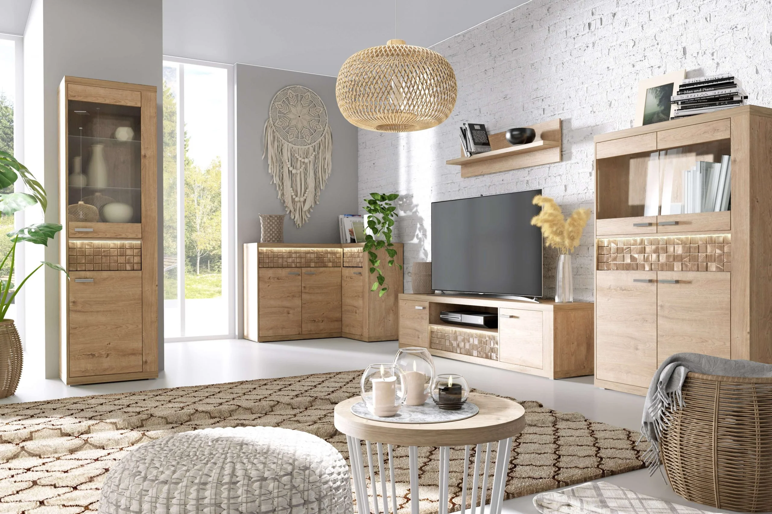 Natural_Salon_boho_JPG-scaled Meble do salonu Natural dąb ribbeck ozdobne wstawki drewniane metalowe uchwyty Luna Home
