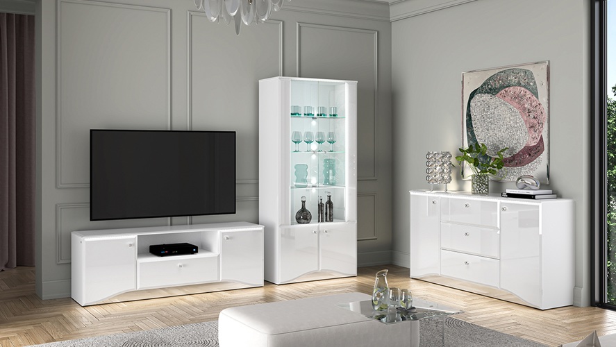 polysk glamour kolekcja ml meble lunahome Nowoczesne białe meble Glamour ML Meble biały połysk srebrne nóżki salon Luna Home